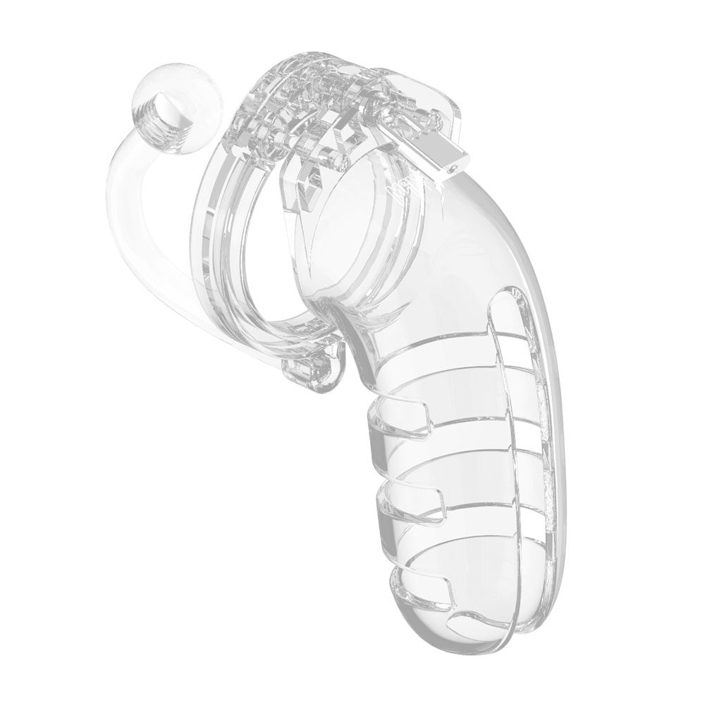 Man Cage 12 Male 5.5 Inch Clear Chastity Cage With Anal Plug